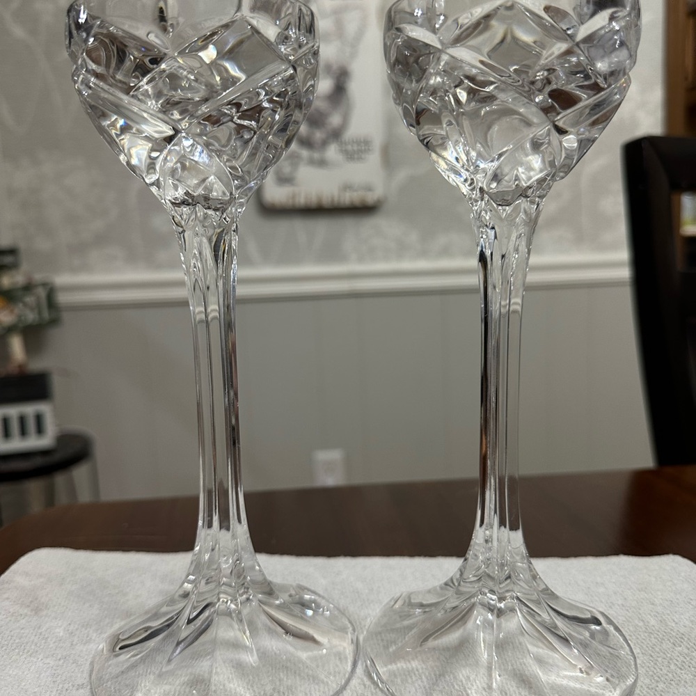 Vintage Set Of Gorham Full Lead Crystal Germany Petestal 8" Tall Candlesticks.